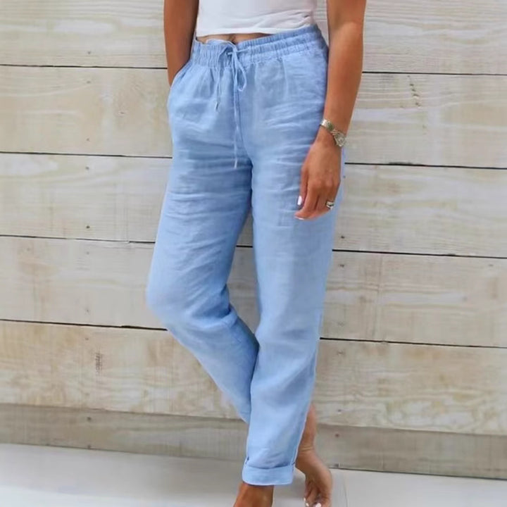 Damen nan lässige Leinenhose mit elastischem Bund Kordelzug und Seitentaschen Drune