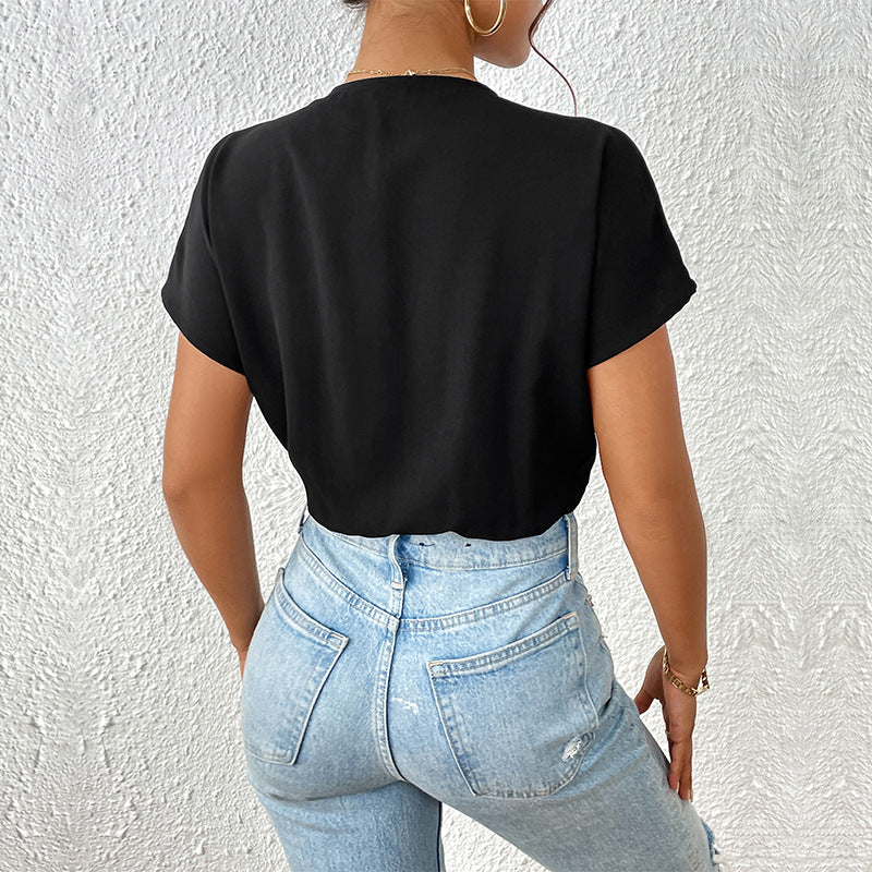 Damen Body mit eleganter Wickeloptik und kurzen Ärmeln Drune