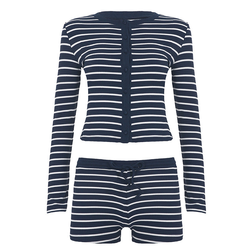 Damen nan gestreiftes Ripp-Lounge-Set mit knöpfbarem Langarm-Top und taillenhohen Shorts Drune