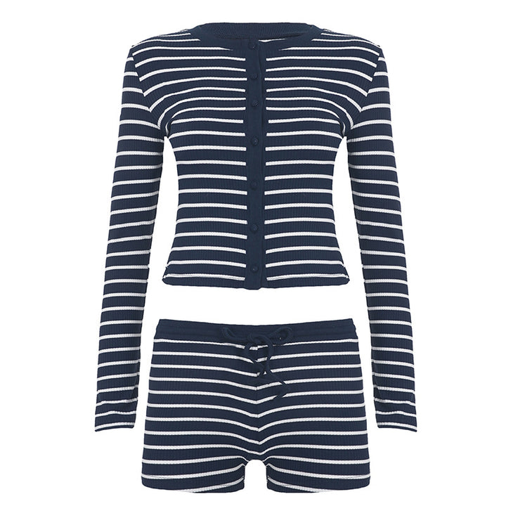 Damen nan gestreiftes Ripp-Lounge-Set mit knöpfbarem Langarm-Top und taillenhohen Shorts Drune