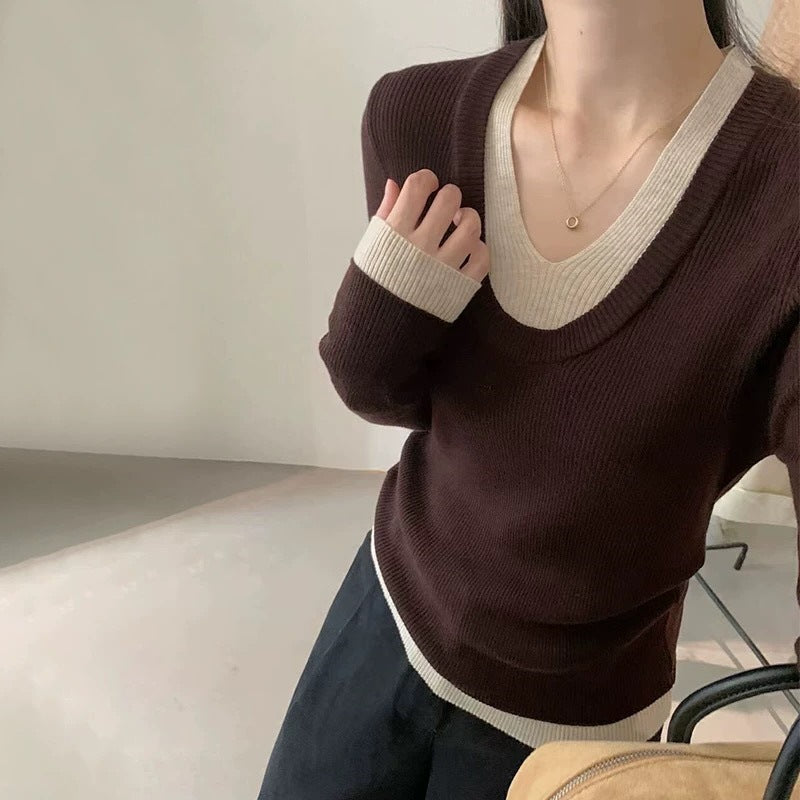 Damen V-Ausschnitt Feinstrickpullover mit Kontrastbündchen Drune