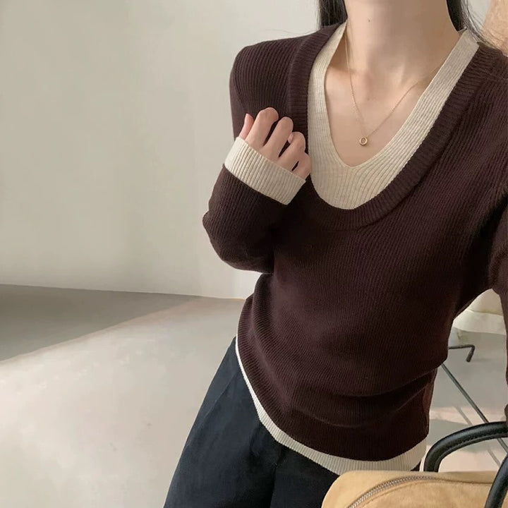 Damen V-Ausschnitt Feinstrickpullover mit Kontrastbündchen Drune