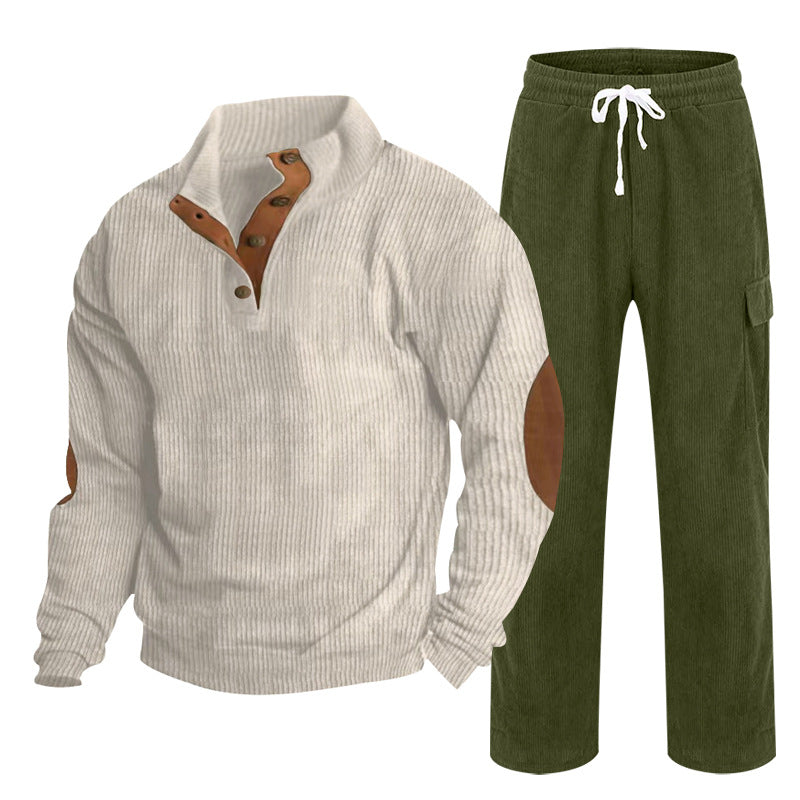 Herren Gemütliches Freizeit-Set aus Waffelstrick-Henley mit Ellenbogenpatch und Relax-Cargo-Hose Drune