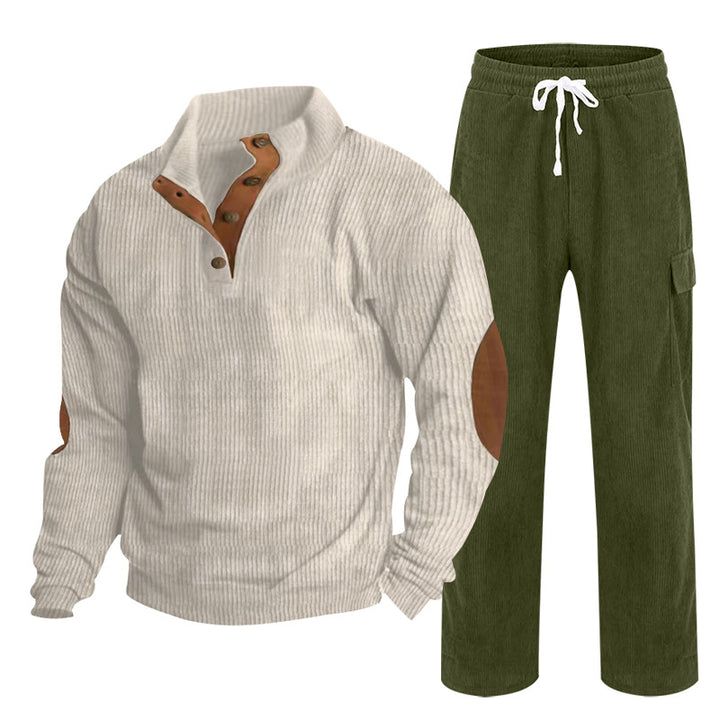 Herren Gemütliches Freizeit-Set aus Waffelstrick-Henley mit Ellenbogenpatch und Relax-Cargo-Hose Drune