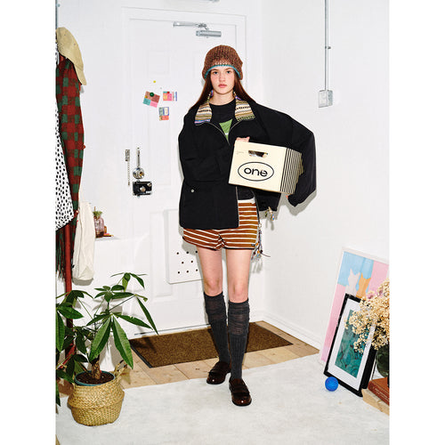 Damen Kurzjacke im Boxy‑Cut mit gemustertem Stehkragen und Kordelzug Drune