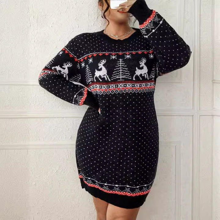 Damen kuscheliger Weihnachts-Strickpullover mit festlichem Rentiermotiv Drune
