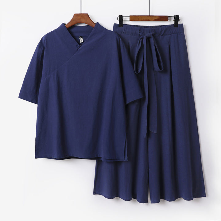 Damen Weites Kimono-Loungewear-Set mit V-Ausschnitt und Culotte-Hose Drune