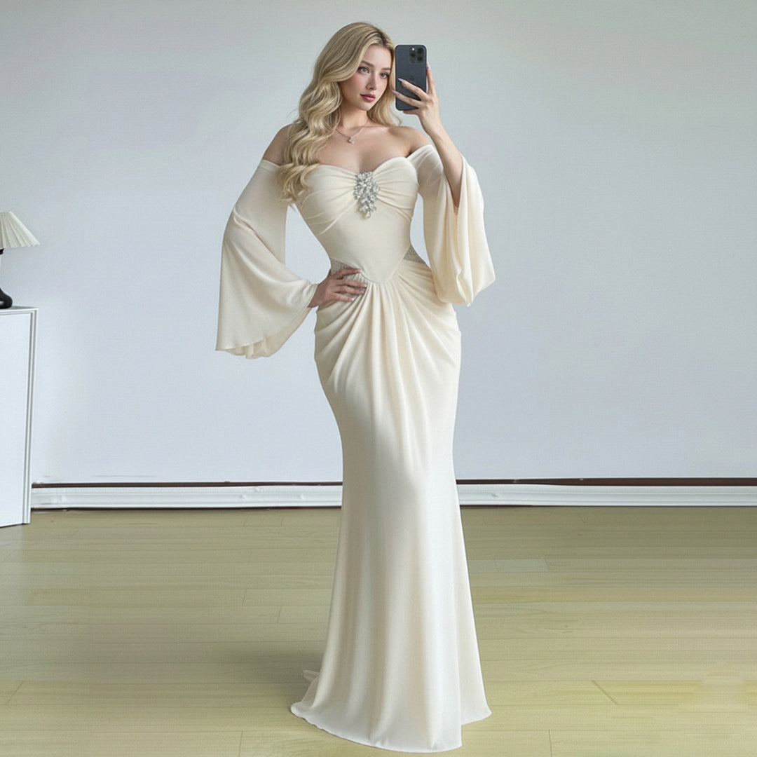 Damen langes Wickelkleid mit dramatischen Schößchenärmeln und cut-out Design Drune