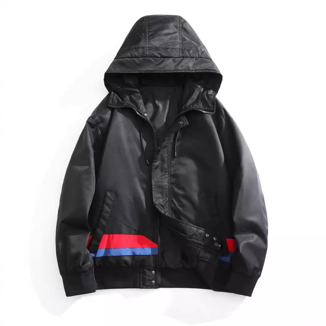 Herren Kapuzen-Bomberjacke im urbanen Retro‑Look mit Kontraststreifen, windabweisender Außenlage und Rippbündchen Drune