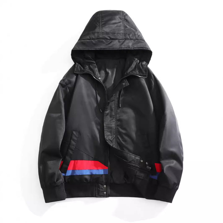 Herren Kapuzen-Bomberjacke im urbanen Retro‑Look mit Kontraststreifen, windabweisender Außenlage und Rippbündchen Drune