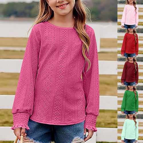 Damen Ajourgestricktes Oversize-Pullover-Shirt mit Ballonärmeln und Rüschenbündchen Drune