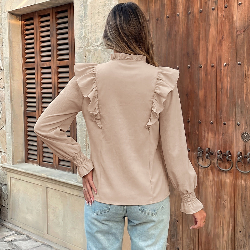 Damen Rüschenbluse mit Stehkragen, Bindeschleife und Smokärmeln Drune