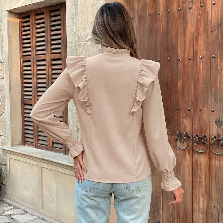 Damen Rüschenbluse mit Stehkragen, Bindeschleife und Smokärmeln Drune