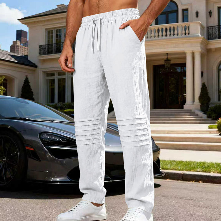 Herren Leinenoptik-Loungehose mit Tunnelzug elastischem Bund und abgesteppten Kniepanelen Drune