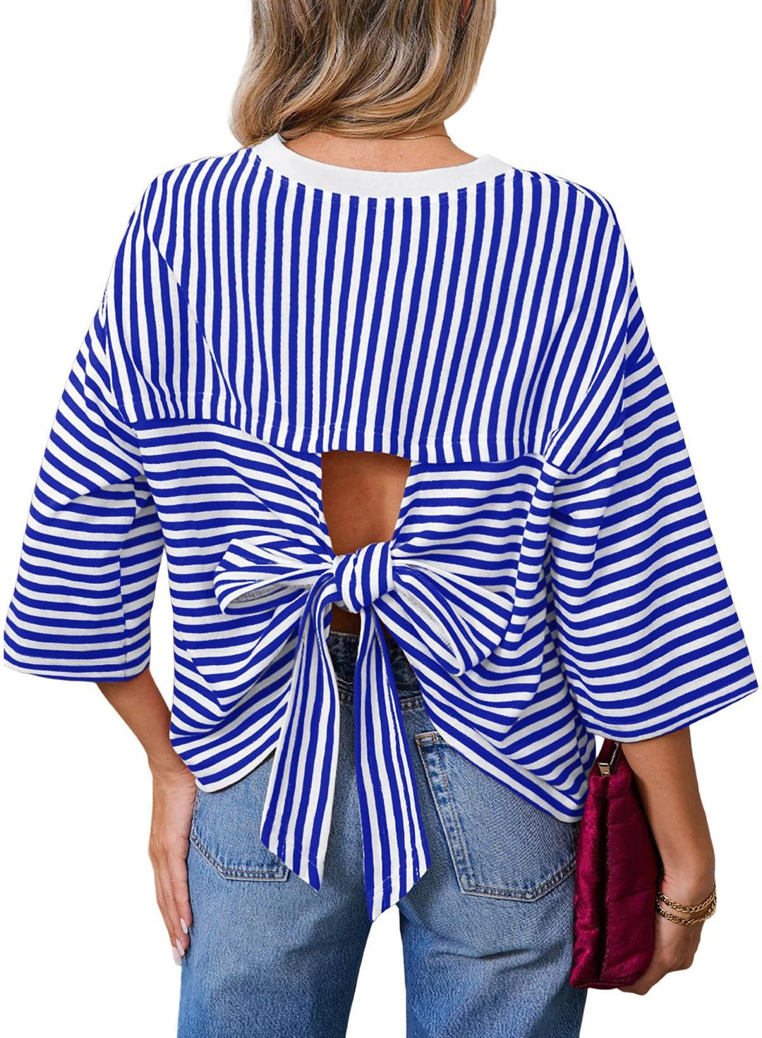 Damen Gestreiftes Oversize-Shirt mit Rückenausschnitt und Schleifenbindung Drune