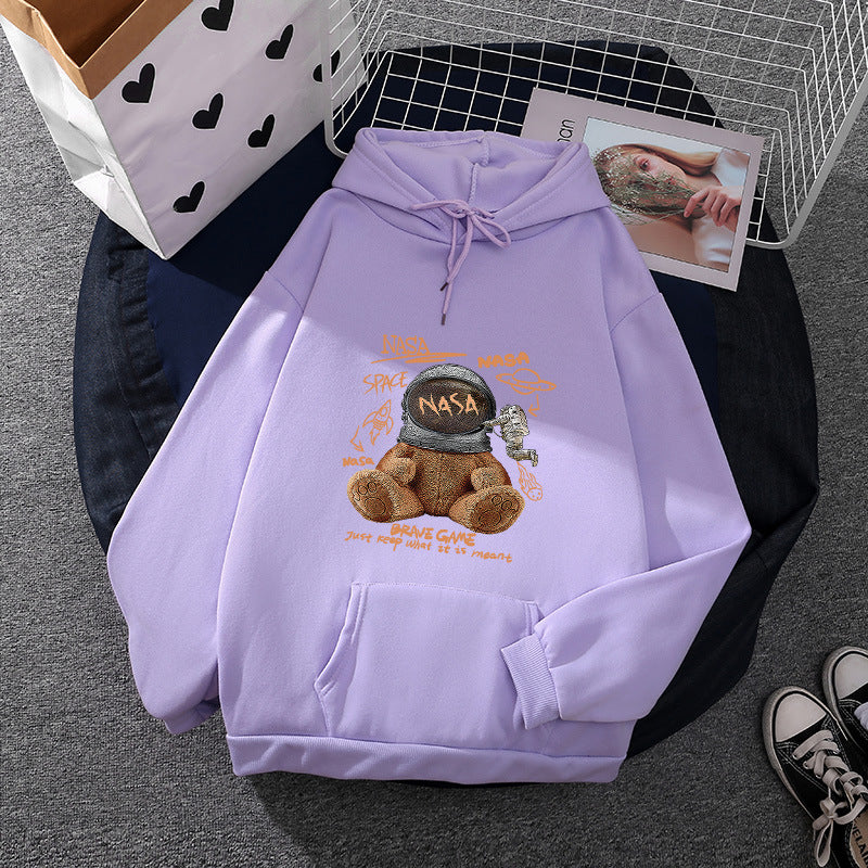 Damen nan lässiger Hoodie mit Astronauten‑Teddy‑Print, Kängurutasche und weichem Fleece-Innenfutter Drune