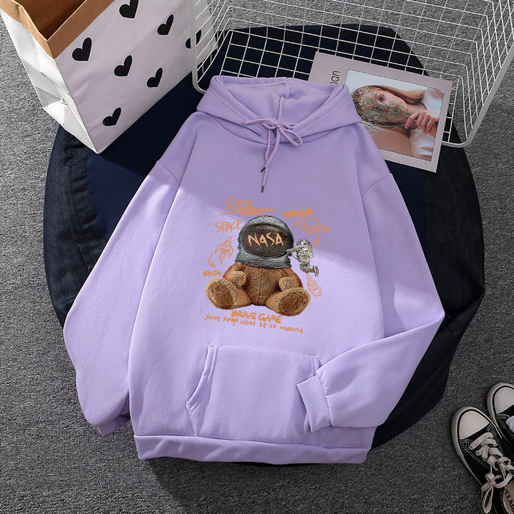 Damen nan lässiger Hoodie mit Astronauten‑Teddy‑Print, Kängurutasche und weichem Fleece-Innenfutter Drune