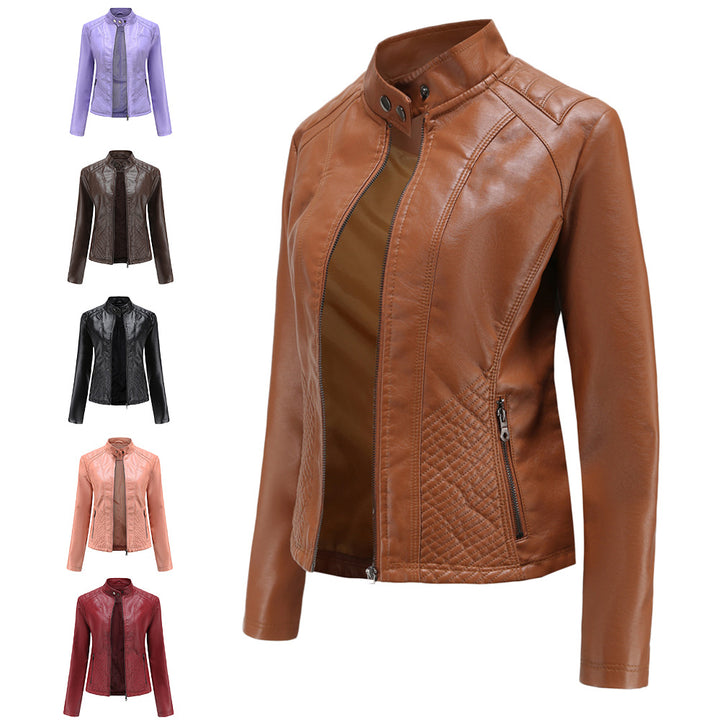 Damen nan taillierte Biker-Kunstlederjacke mit Stehkragen und gesteppter Seitenpartie Drune