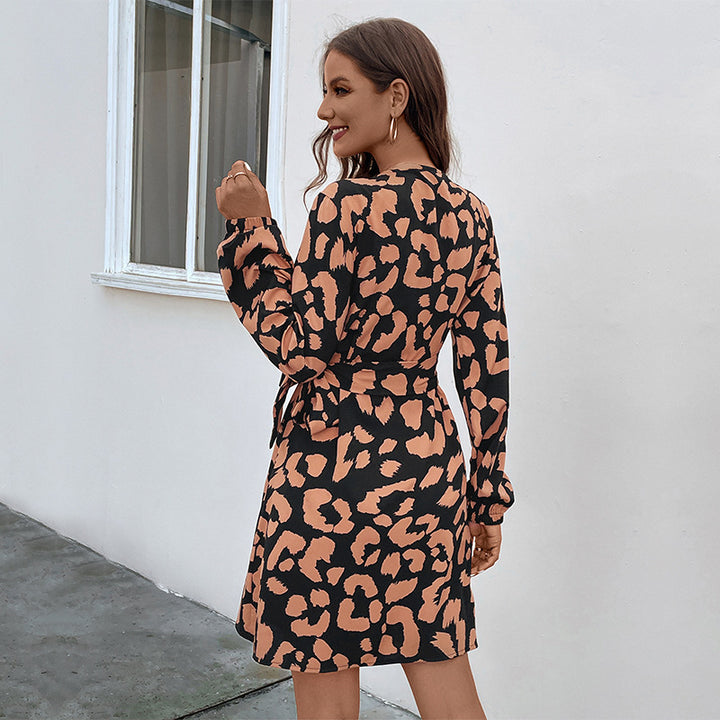 Damen Wickelkleid mit tailliertem Knoten, V-Ausschnitt, Ballonärmeln und Animal-Muster Drune