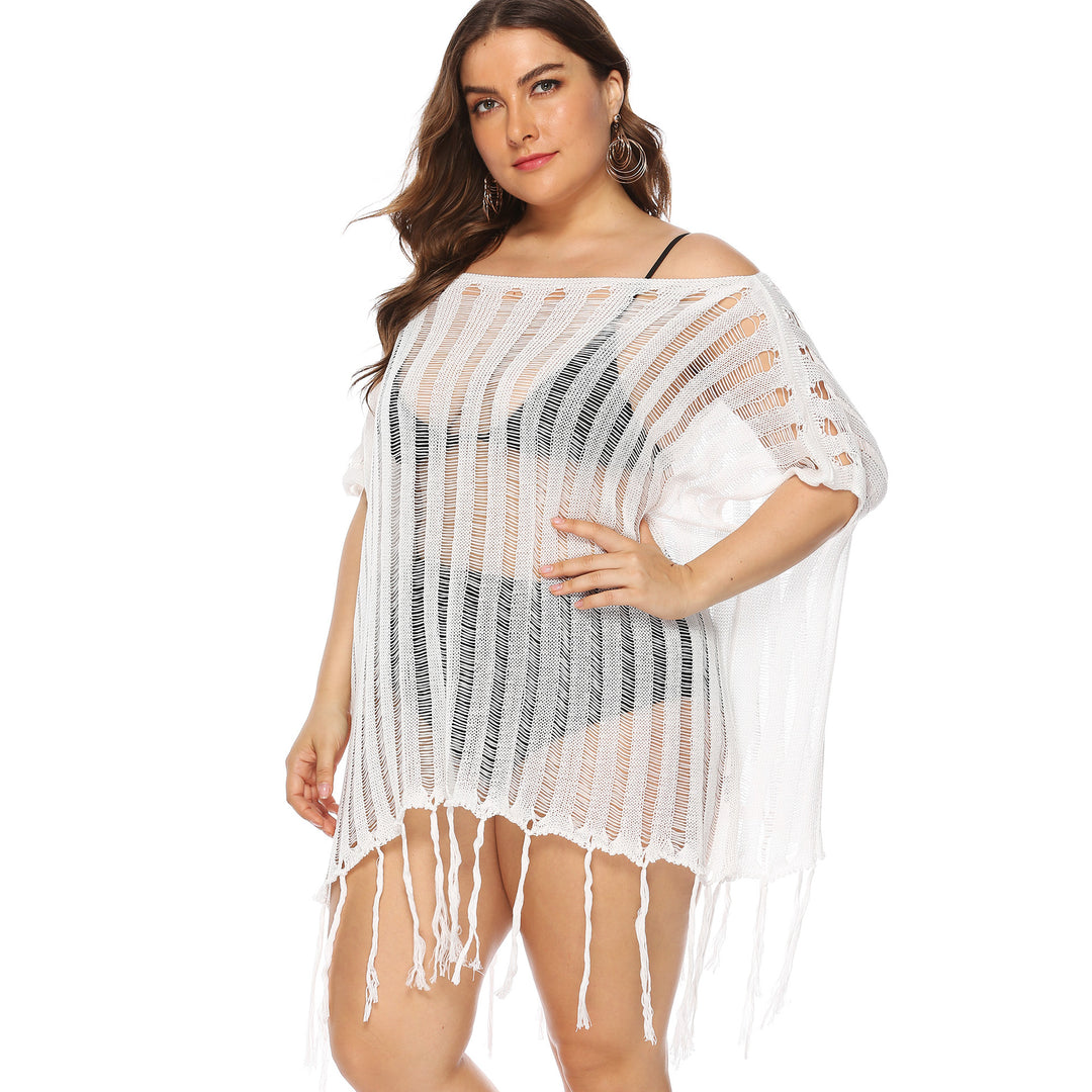 Damen luftiger Häkel-Strandüberwurf mit trendy Fransen Drune