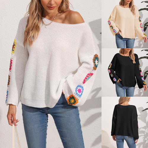 Damen eleganter Pullover mit bunten Häkelapplikationen an den Ärmeln Drune