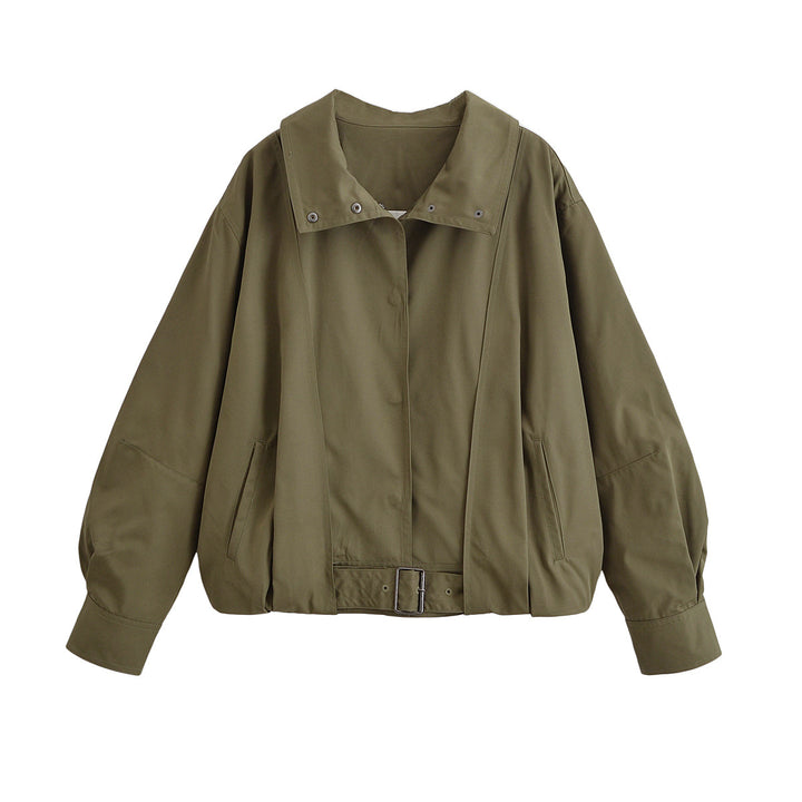 Damen Oversize-Bomberjacke mit Taillenriemen und Stehkragen Drune