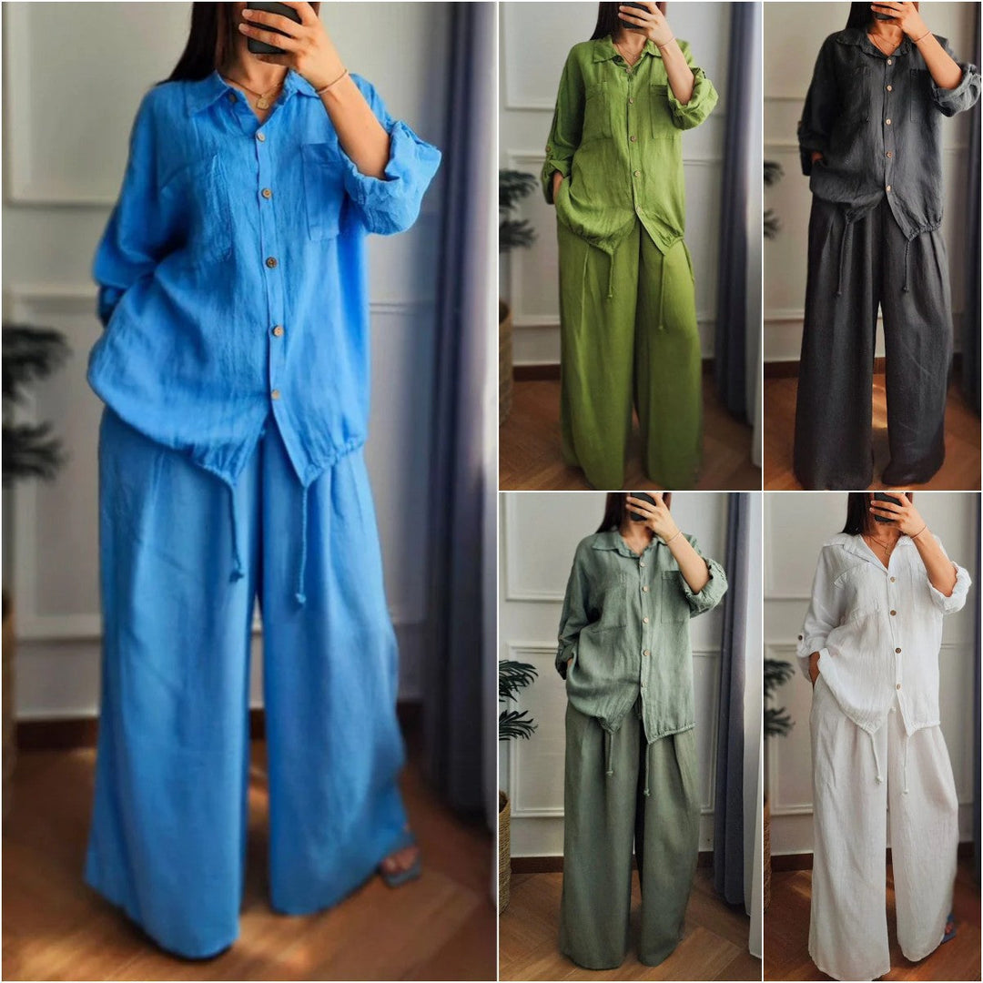 Damen Leinen-Set mit weiten Hosen undlässiger Bluse Drune