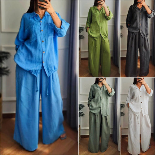 Damen Leinen-Set mit weiten Hosen undlässiger Bluse Drune