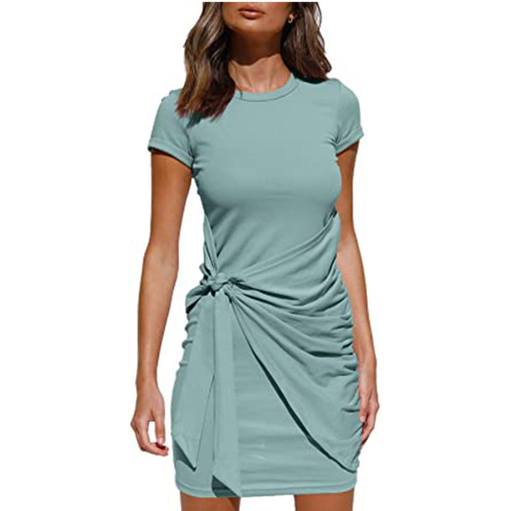 Damen Kurzarm Wickelkleid mit Raffung und Knoten Detail Drune