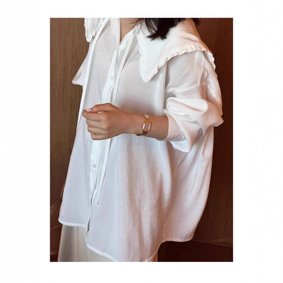 Damen Oversize-Hemdbluse mit großem Rüschenkragen und Krempelärmeln Drune