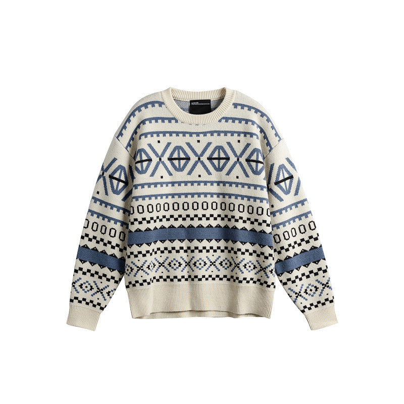 Unisex Gemusterter Grobstrickpullover im Norwegerstil mit Rundhals Drune
