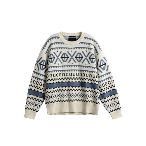 Unisex Gemusterter Grobstrickpullover im Norwegerstil mit Rundhals Drune