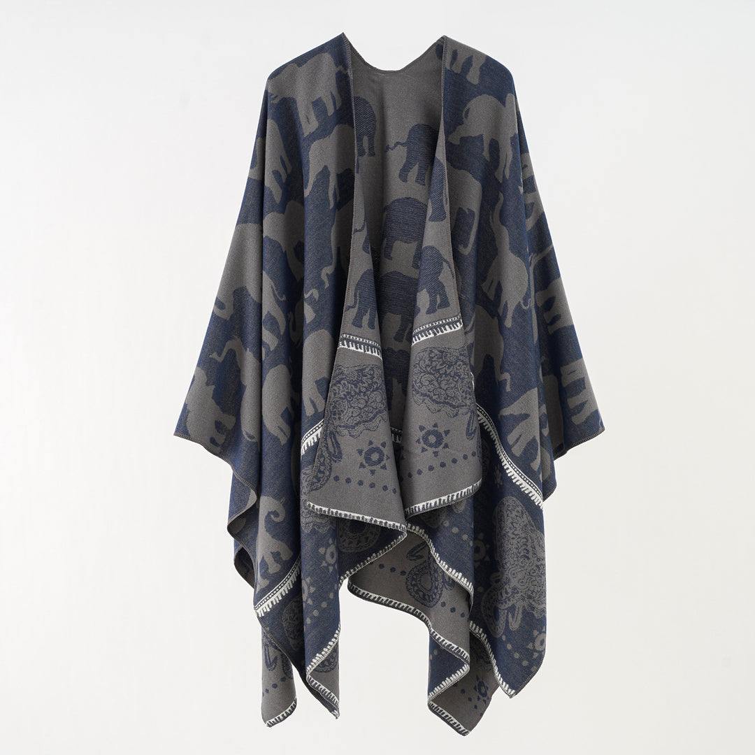 Damen Jacquard‑Ruana mit Elefantenmotiv und ornamentaler Bordüre Drune