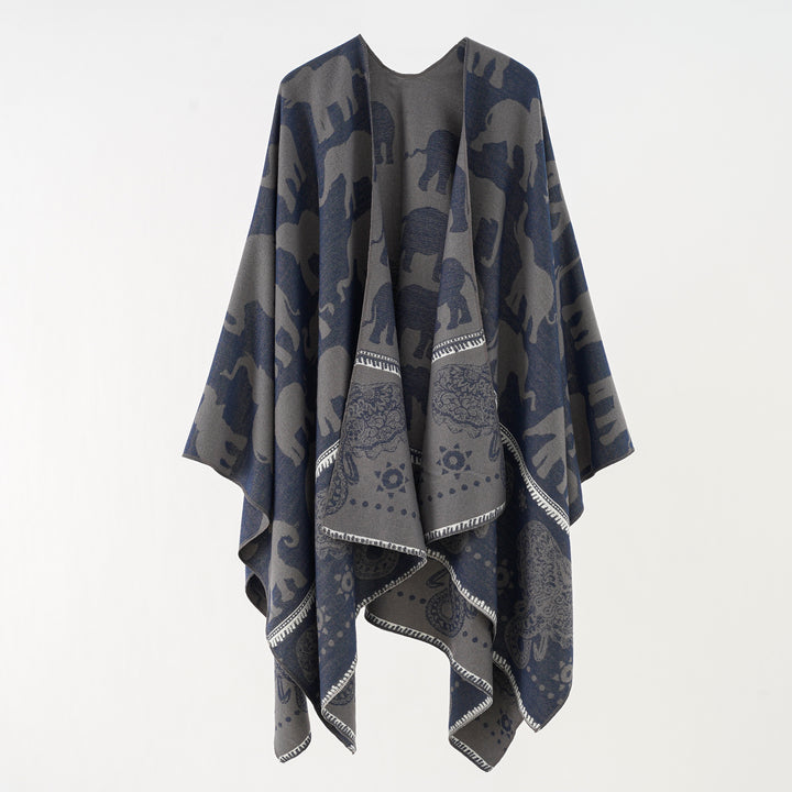 Damen Jacquard‑Ruana mit Elefantenmotiv und ornamentaler Bordüre Drune