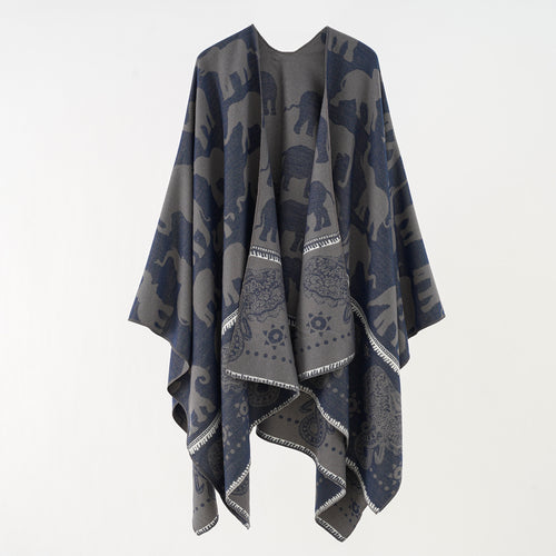Damen Jacquard‑Ruana mit Elefantenmotiv und ornamentaler Bordüre Drune