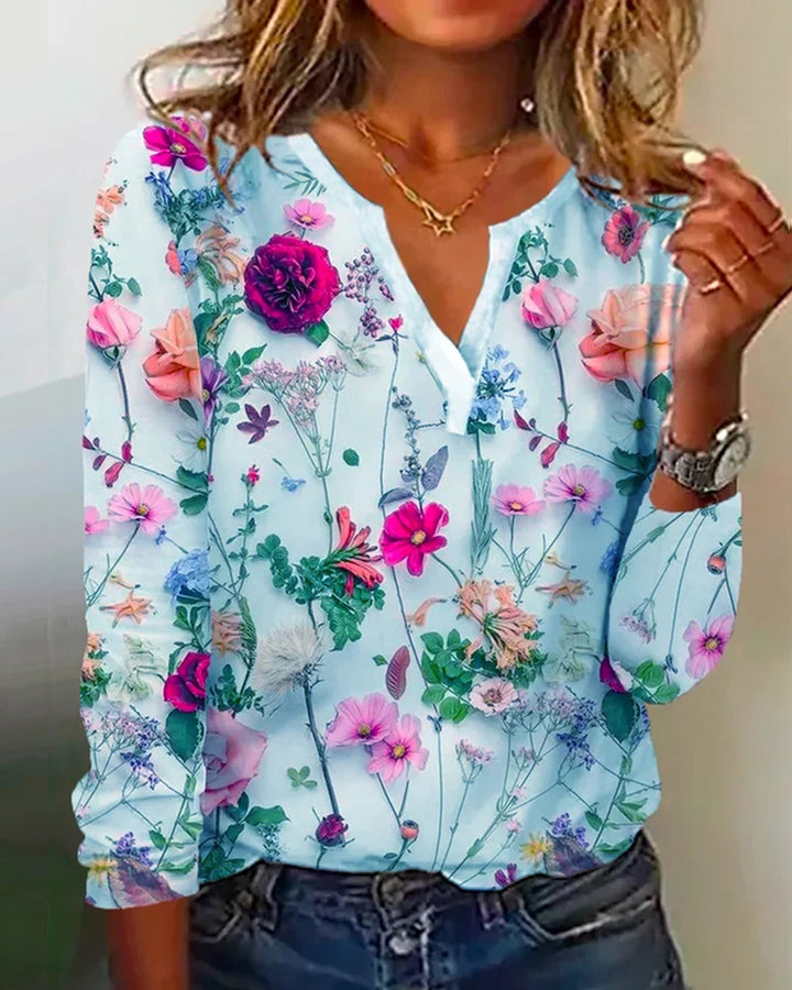 Damen Floral Lange Bluse im Chiffon-Look mit V-Schlitz und Lässiger Silhouette Drune
