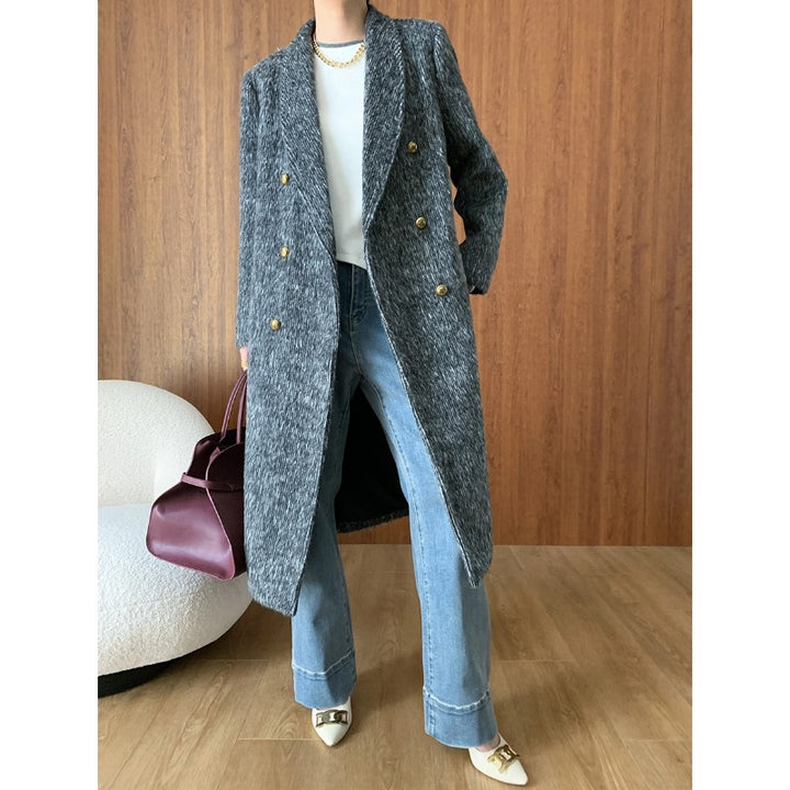 Damen eleganter Doppelreiher-Mantel aus hochwertigem Strick mit goldenen Knöpfen Drune