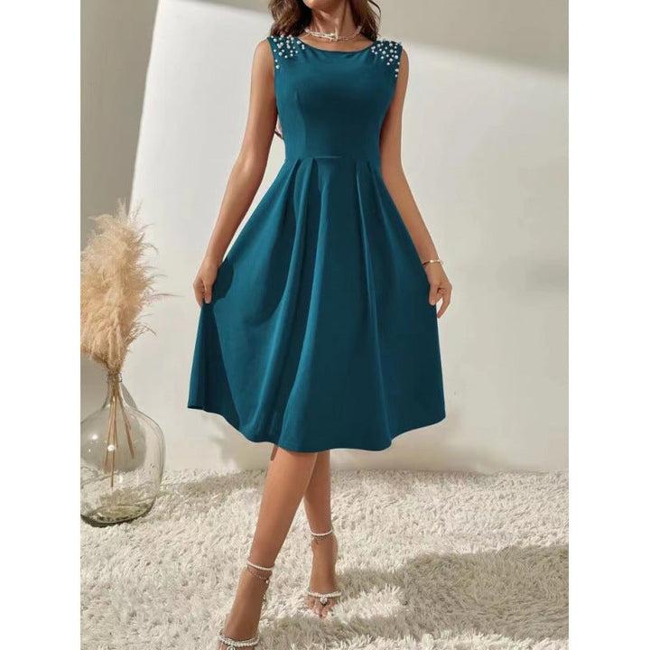 Damen Midi-Kleid mit dekorativen Perlenakzenten und schwingendem Rock Drune
