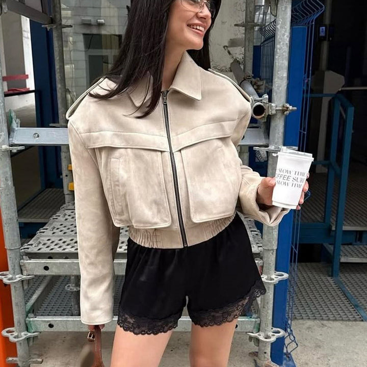 Damen Kurzblouson aus Veloursleder‑Optik mit Oversize‑Schulter und verdecktem Reißverschluss Drune