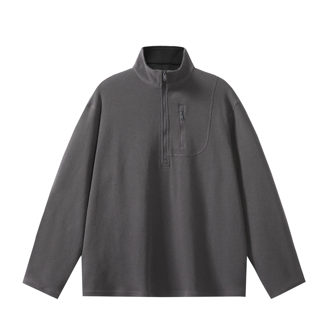 Unisex Leichter Waffelstrick-Halbzip-Pullover mit Stehkragen und Brustzippertasche Drune