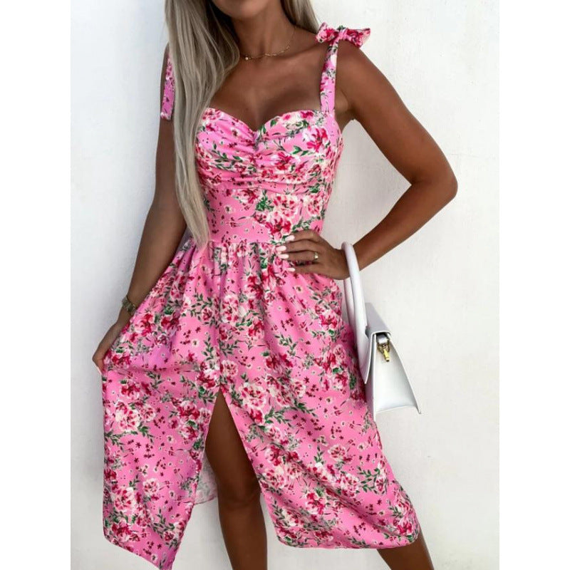 Damen Sommerkleid mit floralem Design und verspielt gebundenen Trägern Drune