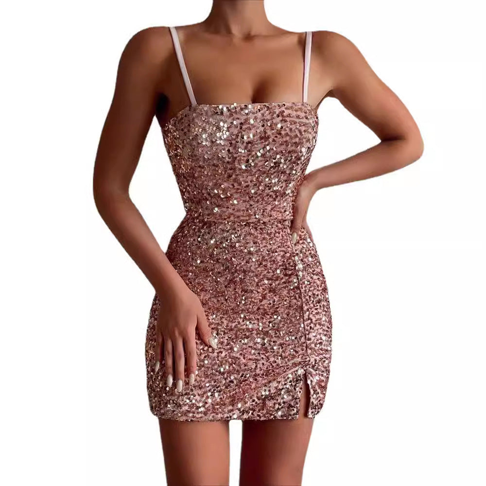 Damen Glänzendes Paillettenkleid mit schmalen Trägern und Schlitz Drune
