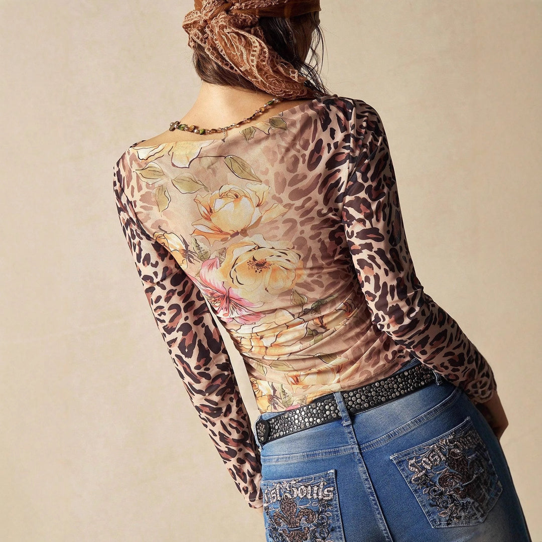 Damen nan figurbetontes Tüll-Longsleeve mit Animal- und Blumenprint, Carmen-Ausschnitt und seitlicher Raffung Drune