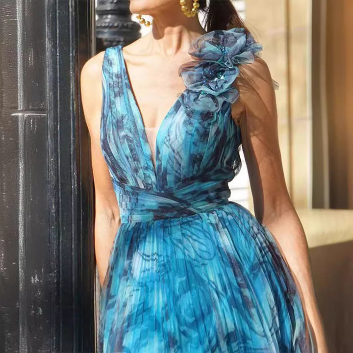 Damen Maxikleid mit romantischen Volantärmeln und floralem Transparenzstoff Drune