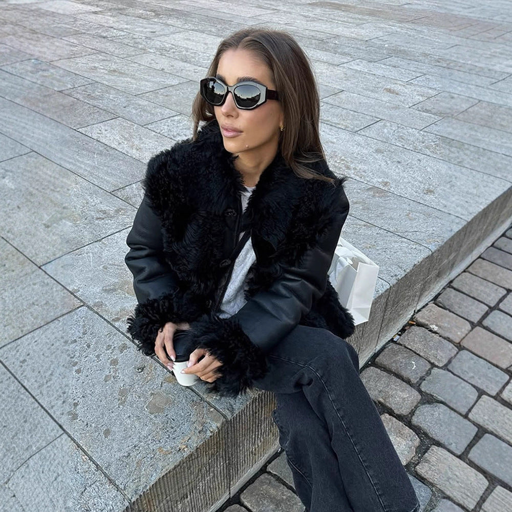 Damen Oversize Kunstleder-Mantel im Aviator-Stil mit voluminösem Faux-Fur-Kragen und Teddybündchen Drune