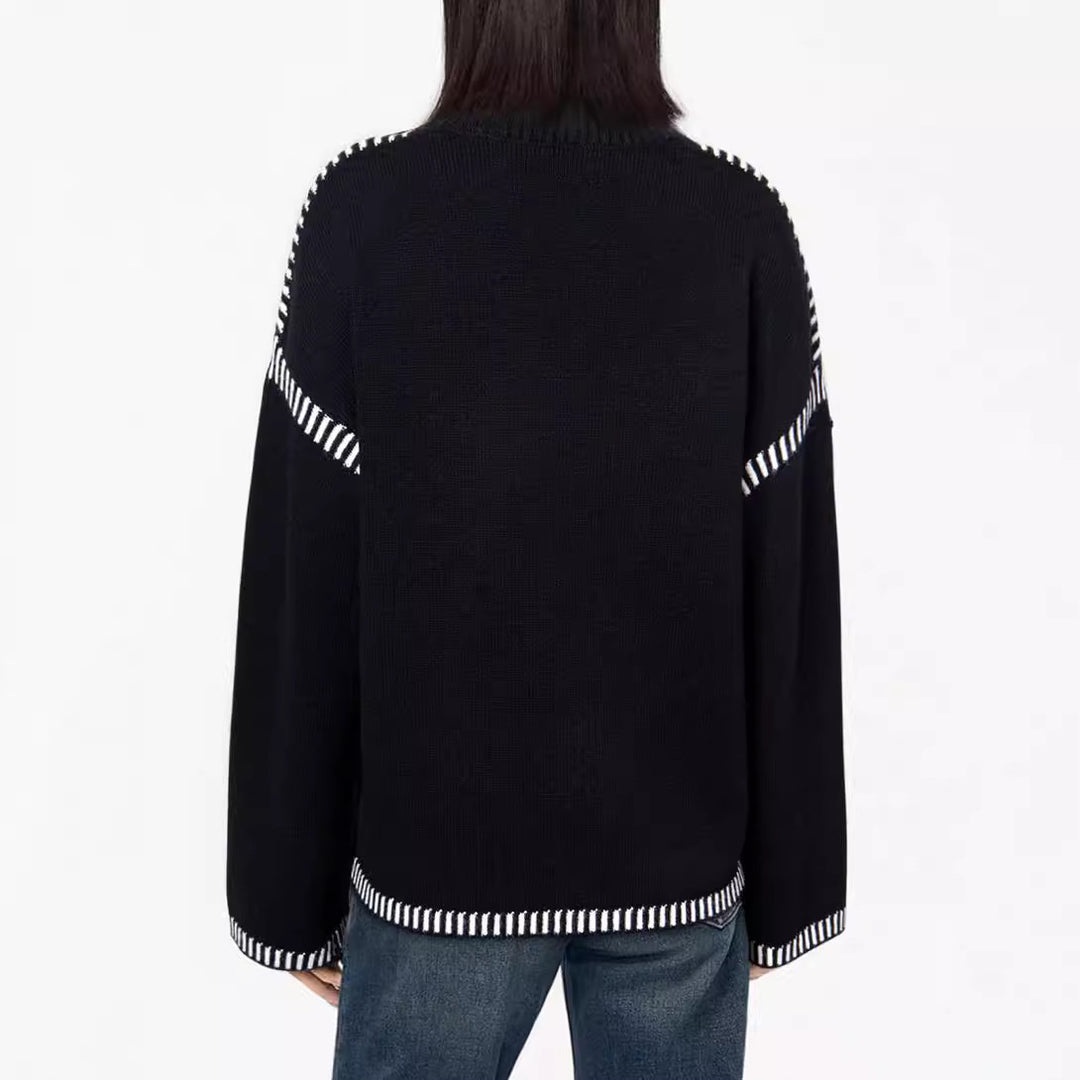 Damen Grobstrickpullover mit modischem Kontrastsaum und weiten Ärmeln Drune