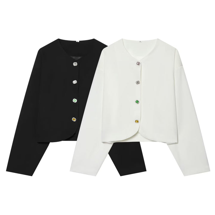 Damen Kurzblazer ohne Kragen mit Schmuckknöpfen und kurzem Cropped‑Schnitt Drune