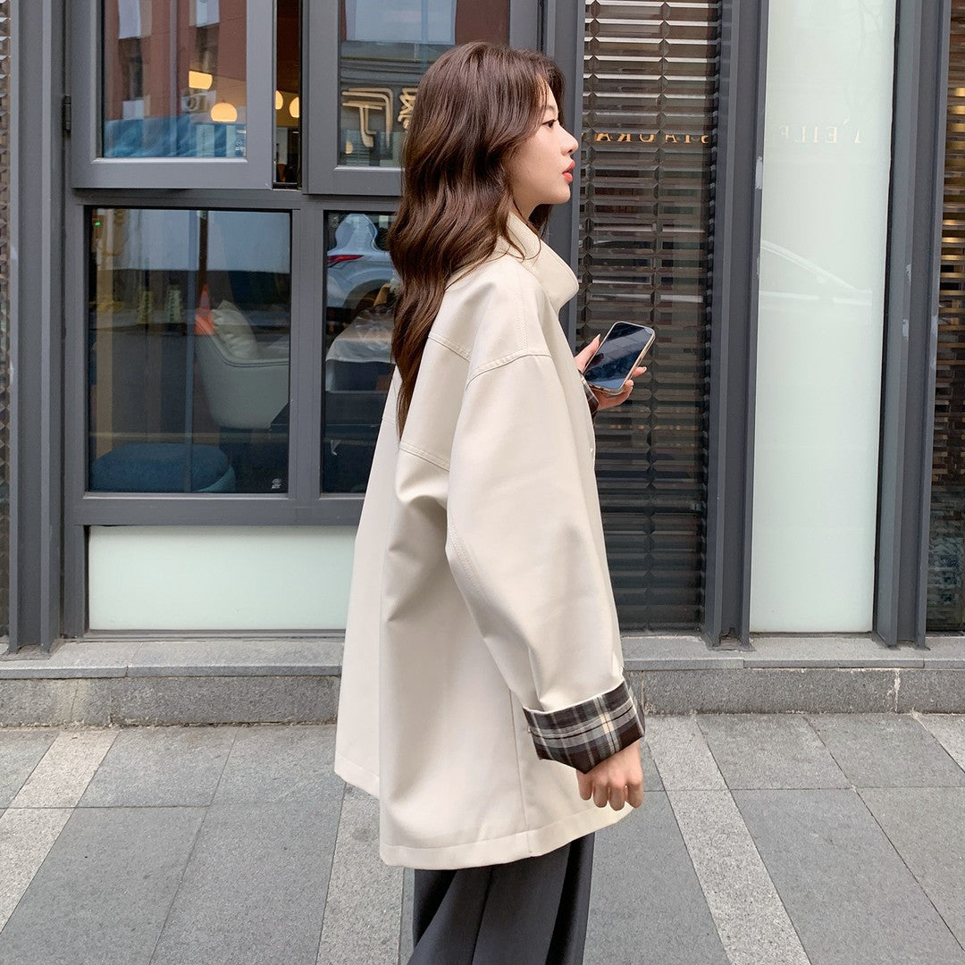 Damen Oversized Kurzmantel mit Stehkragen und kariertem Ärmelfutter Drune