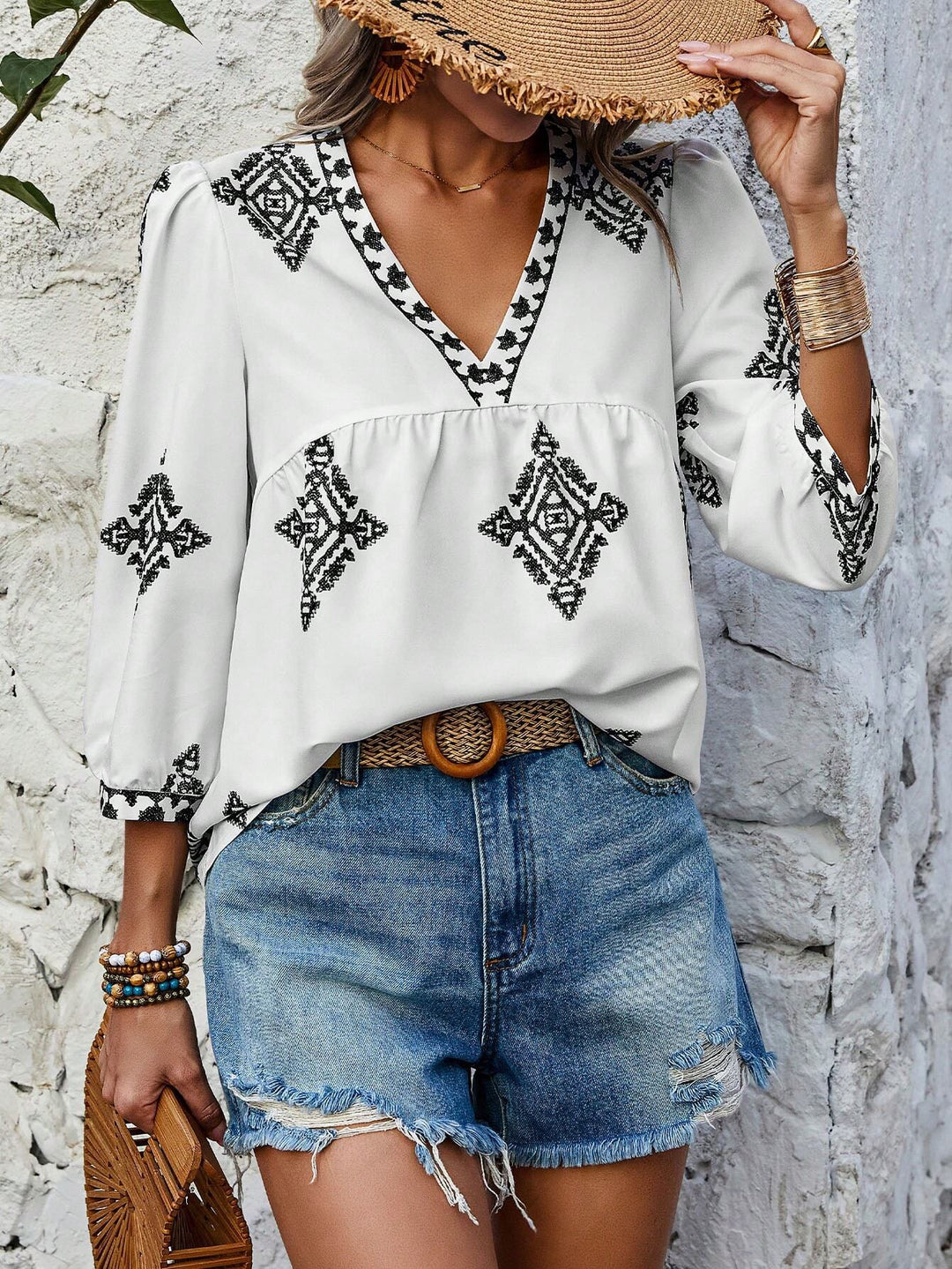 Damen Locker geschnittene Boho‑Bluse mit V‑Ausschnitt, geraffter Brustnaht und dreiviertelärmeln Drune