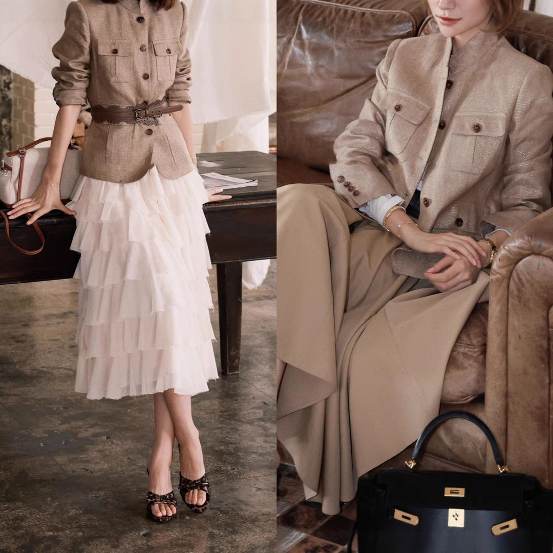 Damen Elegante Leinenjacke mit Taillengürtel Drune